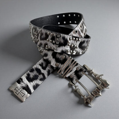Leopard Print Punk Belt With Alloy Pin Buckle, Dyed Black PU Leather Strap