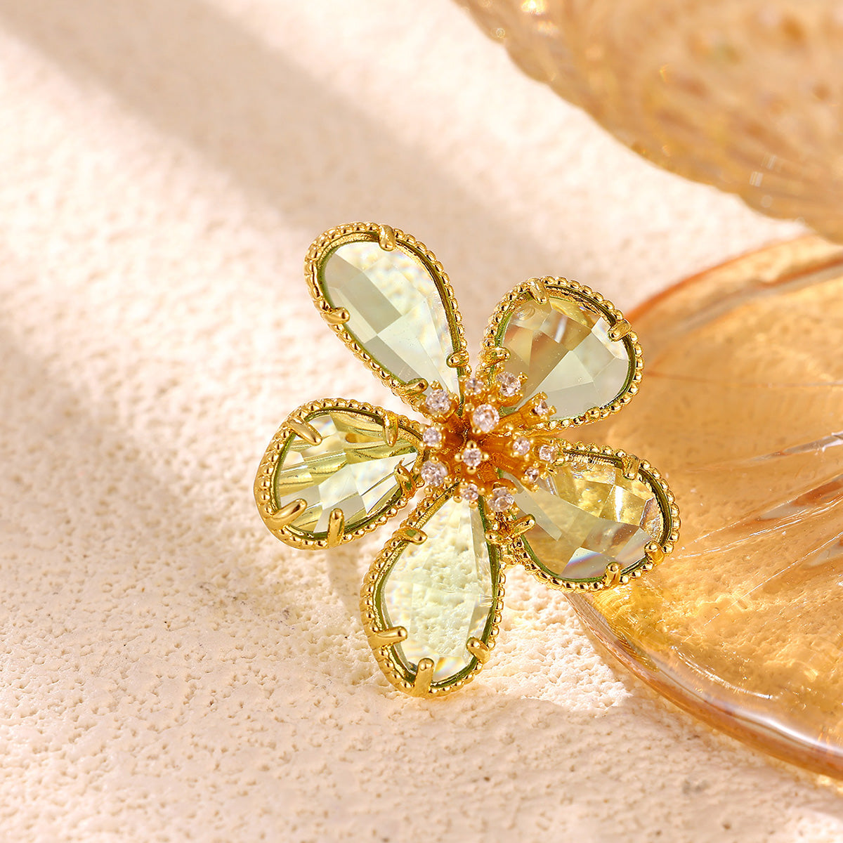 Electroplated Flowers Ring For Women In Copper With 18K Real Gold PVD Coating And Zircon Inlay