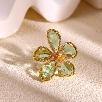 Electroplated Flowers Ring For Women In Copper With 18K Real Gold PVD Coating And Zircon Inlay