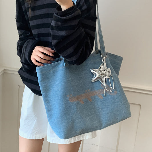 Women’s Denim Square Tote Bag With Embroidery Letter Pattern, Perfect For Spring And Summer