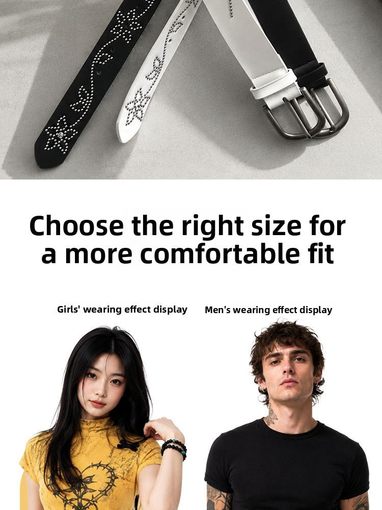 Original Design Unisex PU Leather Belt With Alloy Pin Buckle Featuring Flowers Pattern