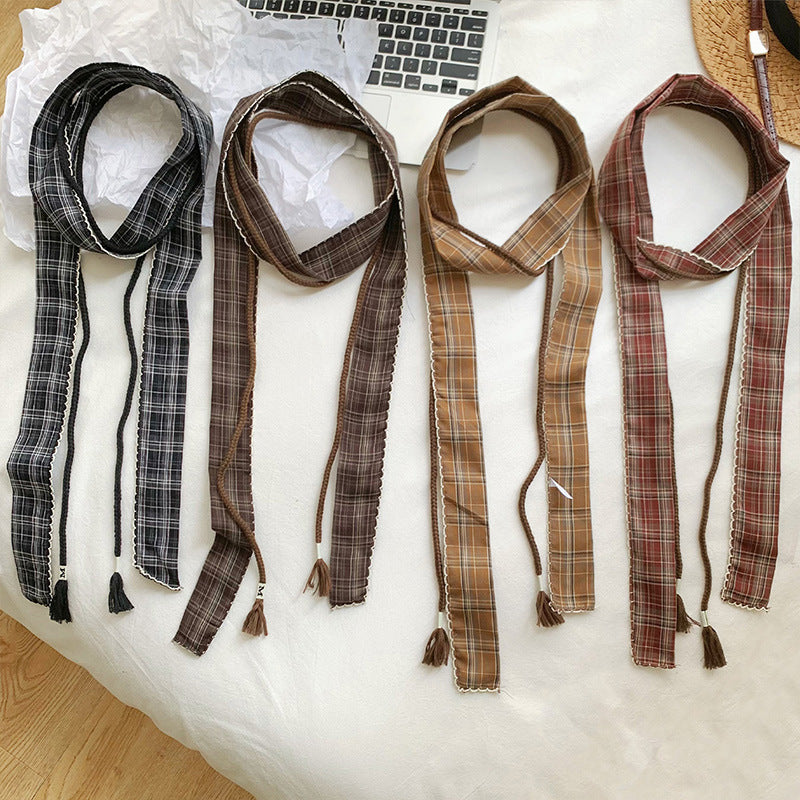 Retro Plaid Polyester Silk Scarf For Women In Dyed Black, Perfect For Spring & Summer