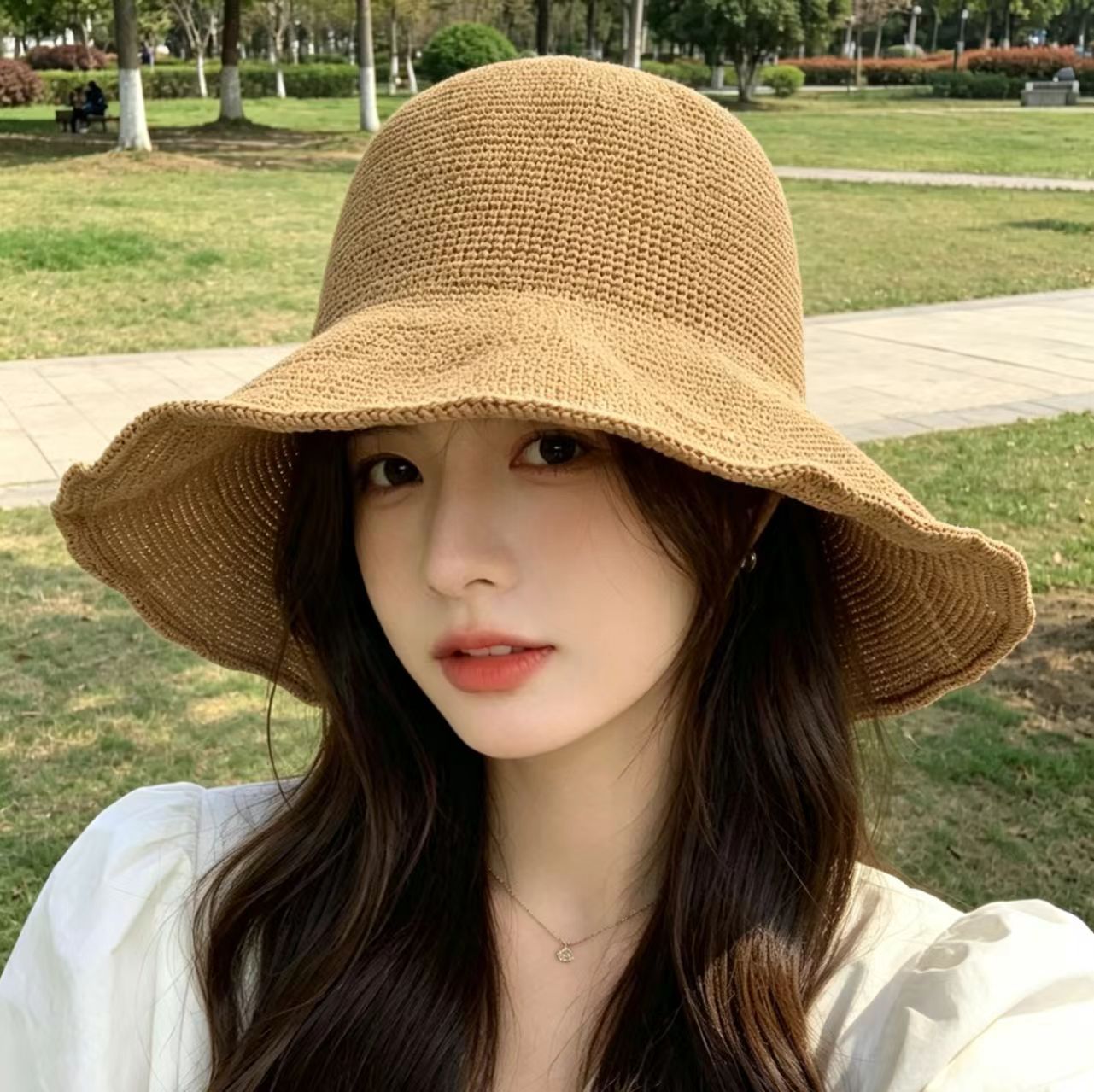 Solid Color Wide Brim Bucket Hat For Women In Straw Material With Braid Craft, Featuring UV Protection For Commute