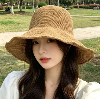 Solid Color Wide Brim Bucket Hat For Women In Straw Material With Braid Craft, Featuring UV Protection For Commute
