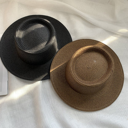 Women's Simple Style Solid Color Straw Hat With Wide Brim, UV Protection, Featuring Braid Craftsmanship