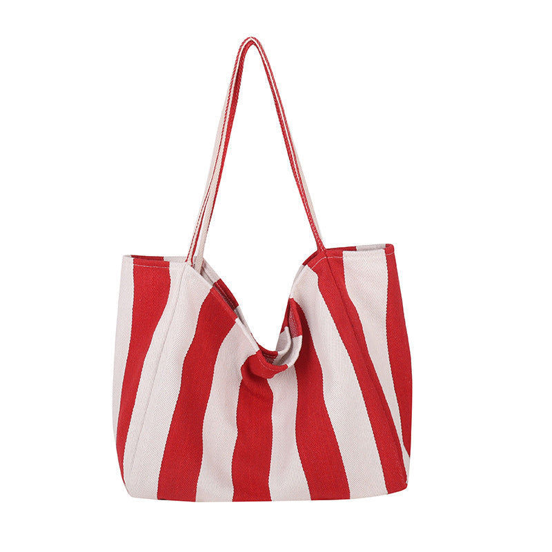 Women’s Canvas Stripe Square Tote Bag With Sewing Thread Detail, Featuring Single Shoulder Strap