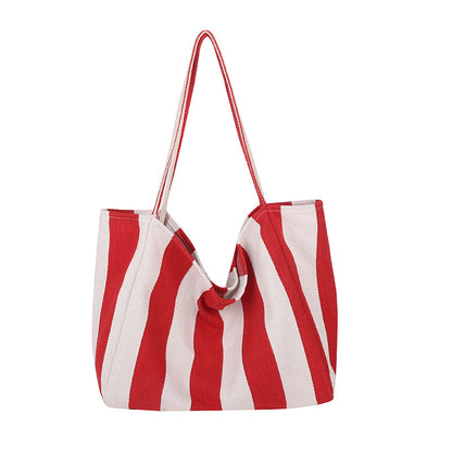 Women’s Canvas Stripe Square Tote Bag With Sewing Thread Detail, Featuring Single Shoulder Strap