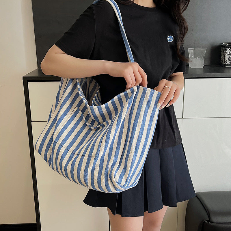 Women’s Canvas Stripe Square Tote Bag With Sewing Thread Detail, Featuring Single Shoulder Strap