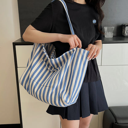 Women’s Canvas Stripe Square Tote Bag With Sewing Thread Detail, Featuring Single Shoulder Strap
