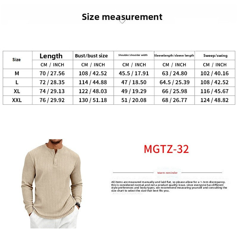 Vintage Style Solid Color Long Sleeve Men's T-Shirt In Polyester Featuring Jacquard Craft And Half Placket