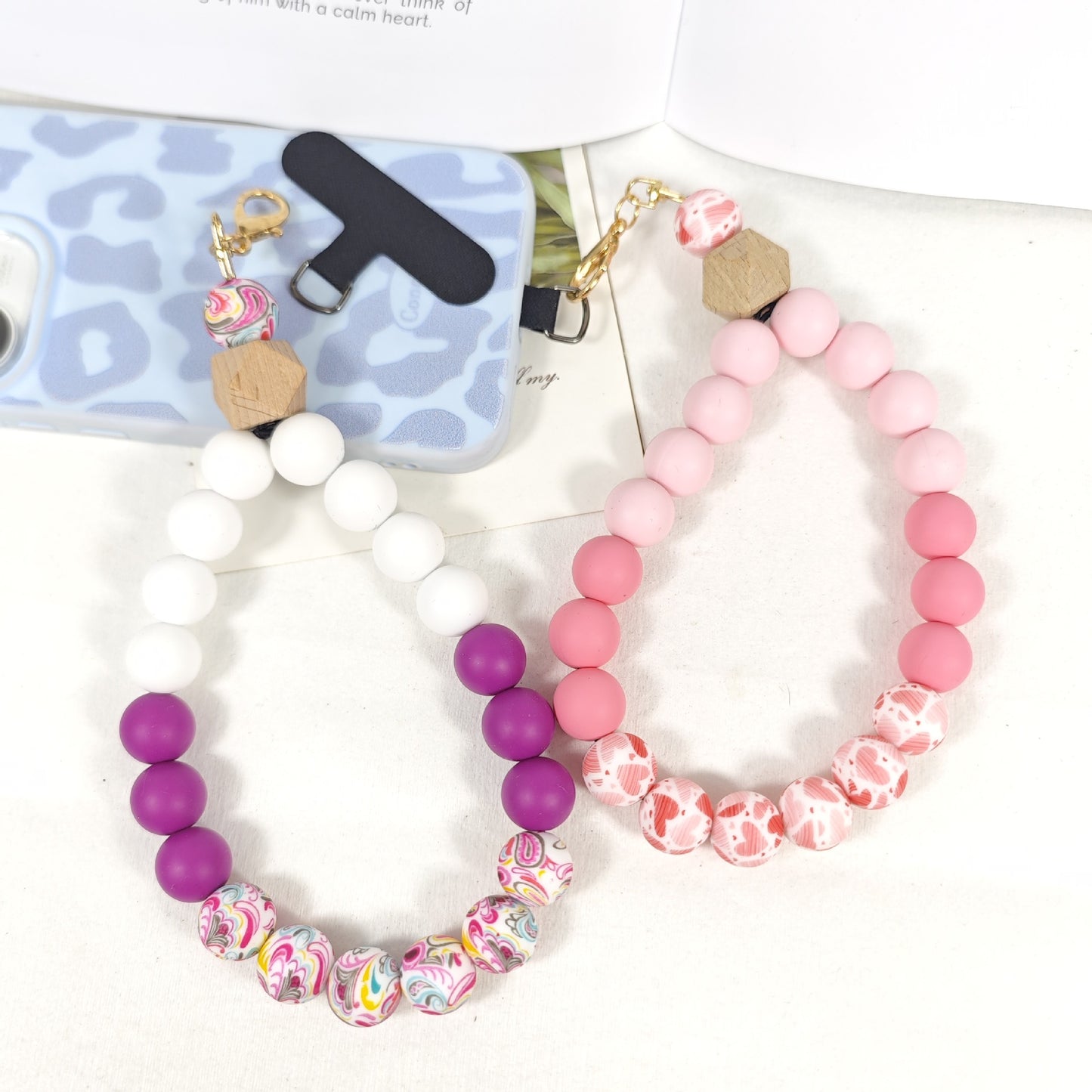 Handmade Lady Bracelet In Natural Pink Silica Gel, 1 Piece Phone Strap Accessory