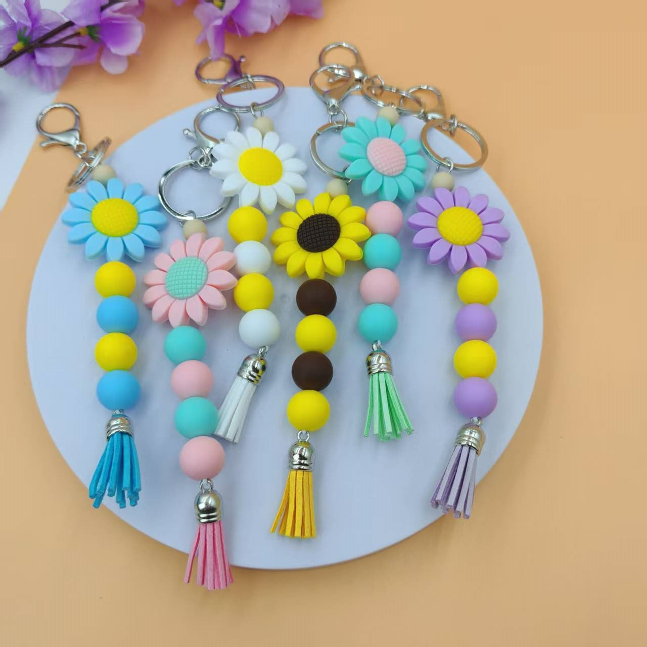 Blue Sunflower New Year Key Chain With Silica Gel Bag Charm Accessory