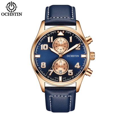 Men's Quartz Watch With Round Dial Featuring Tempered Glass And Genuine Leather Strap With Pin Buckle
