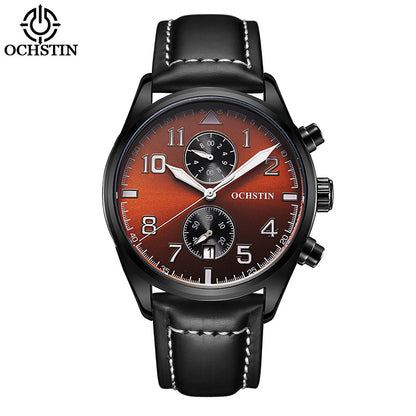 Men's Quartz Watch With Round Dial Featuring Tempered Glass And Genuine Leather Strap With Pin Buckle
