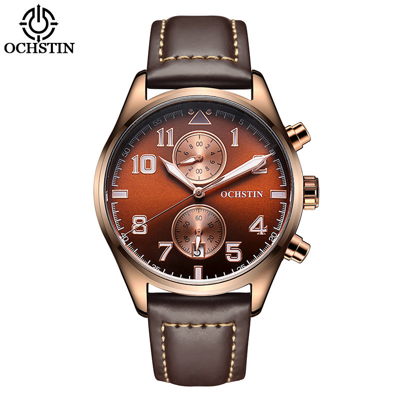 Men's Quartz Watch With Round Dial Featuring Tempered Glass And Genuine Leather Strap With Pin Buckle