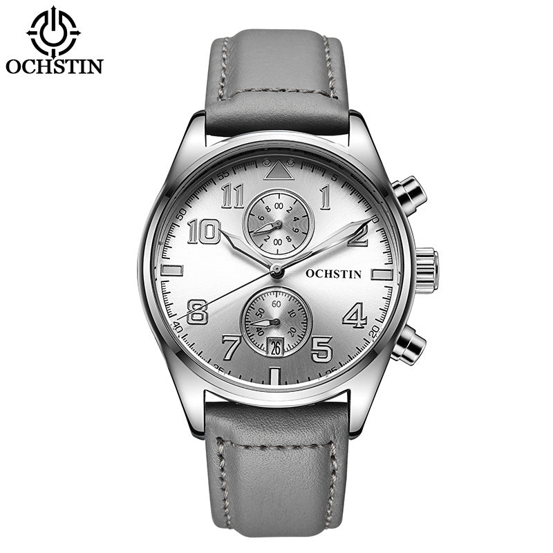Men's Quartz Watch With Round Dial Featuring Tempered Glass And Genuine Leather Strap With Pin Buckle