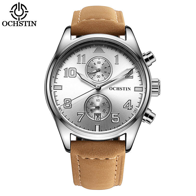 Men's Quartz Watch With Round Dial Featuring Tempered Glass And Genuine Leather Strap With Pin Buckle