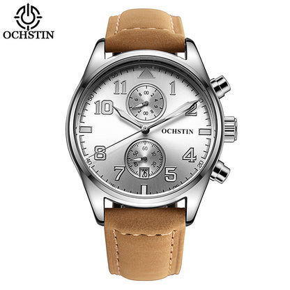 Men's Quartz Watch With Round Dial Featuring Tempered Glass And Genuine Leather Strap With Pin Buckle