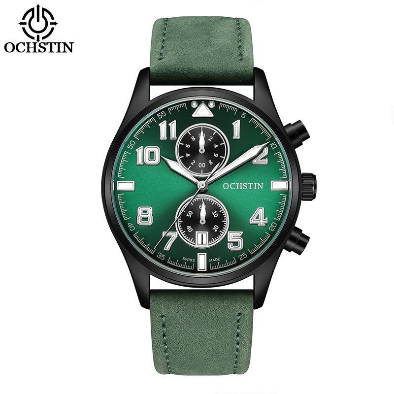 Men's Quartz Watch With Round Dial Featuring Tempered Glass And Genuine Leather Strap With Pin Buckle