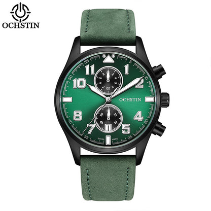 Men's Quartz Watch With Round Dial Featuring Tempered Glass And Genuine Leather Strap With Pin Buckle