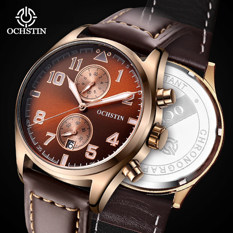 Men's Quartz Watch With Round Dial Featuring Tempered Glass And Genuine Leather Strap With Pin Buckle