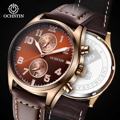 Men's Quartz Watch With Round Dial Featuring Tempered Glass And Genuine Leather Strap With Pin Buckle