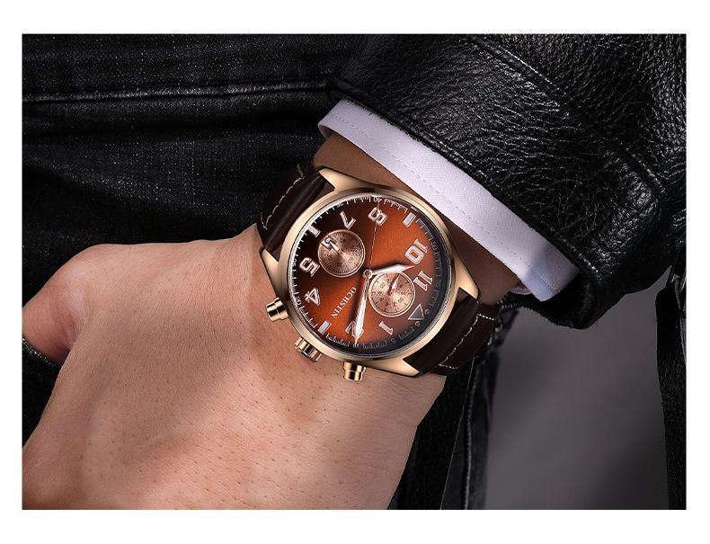 Men's Quartz Watch With Round Dial Featuring Tempered Glass And Genuine Leather Strap With Pin Buckle