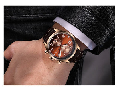 Men's Quartz Watch With Round Dial Featuring Tempered Glass And Genuine Leather Strap With Pin Buckle