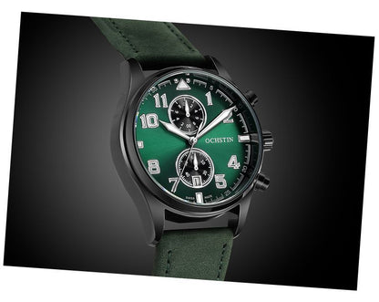 Men's Quartz Watch With Round Dial Featuring Tempered Glass And Genuine Leather Strap With Pin Buckle