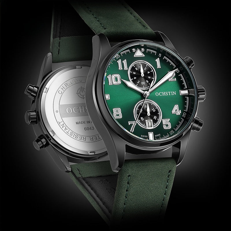 Men's Quartz Watch With Round Dial Featuring Tempered Glass And Genuine Leather Strap With Pin Buckle