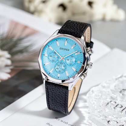 Men's Quartz Watch With Round Dial Featuring Tempered Glass And Horseshoe Buckle Strap
