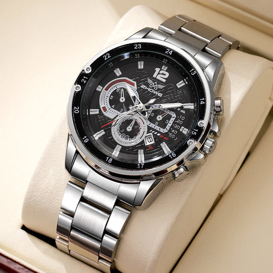 Men's Quartz Watch With Steel Belt Strap And Single Folding Buckle, Round Dial Featuring Ordinary Glass Mirror And Pointer Display