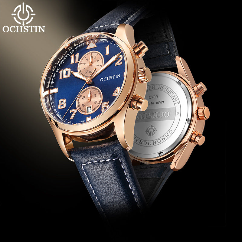 Men's Quartz Watch With Round Dial Featuring Tempered Glass And Genuine Leather Strap With Pin Buckle