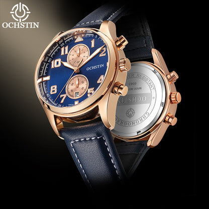 Men's Quartz Watch With Round Dial Featuring Tempered Glass And Genuine Leather Strap With Pin Buckle