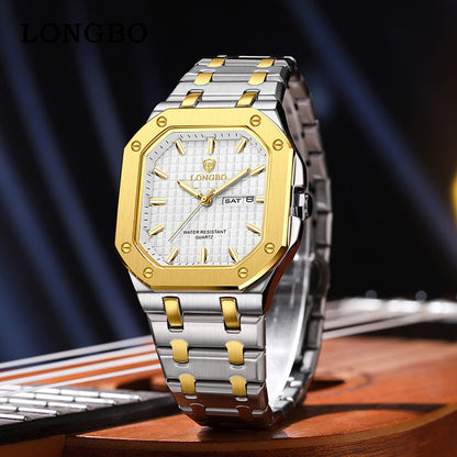 Men's Square Quartz Watch With Stainless Steel Strap, Tempered Glass Mirror, Pointer Display, And Butterfly Double Snap Buckle