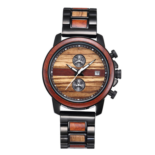 Men's Wooden Strap Quartz Watch With Round Dial Featuring Tempered Glass Mirror And Pointer Display