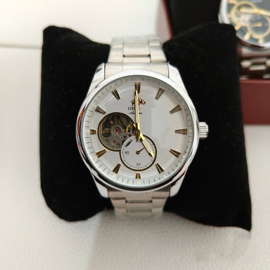 Men's Mechanical Watch With Stainless Steel Strap And Double Side Snap Buckle Featuring Round Dial And Tempered Glass Mirror