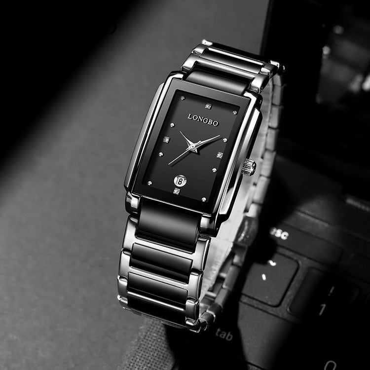 Men's Quartz Watch With Stainless Steel Strap And Rectangle Dial Featuring Tempered Glass Mirror And Butterfly Double Snap Buckle