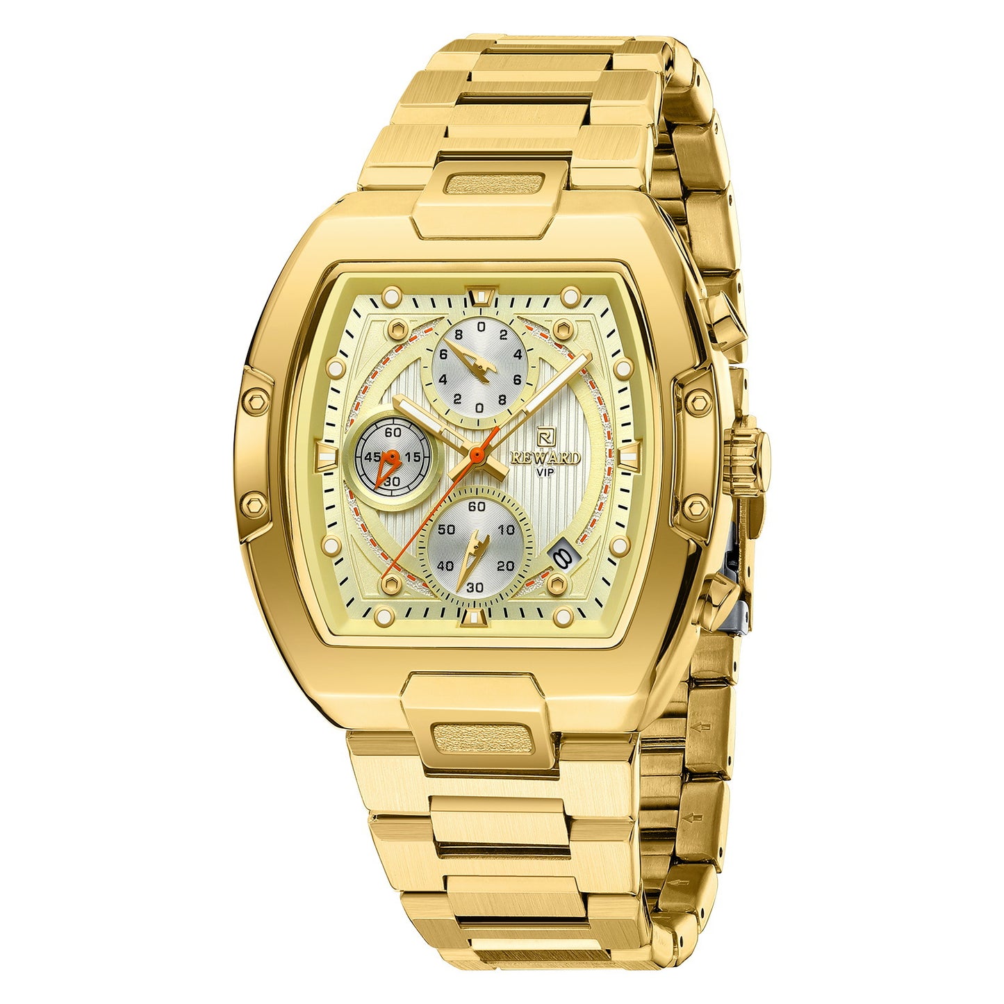 Men's Quartz Watch With Barrel Shape Dial, Stainless Steel Strap, Double Side Snaps Buckle, And Tempered Glass Mirror