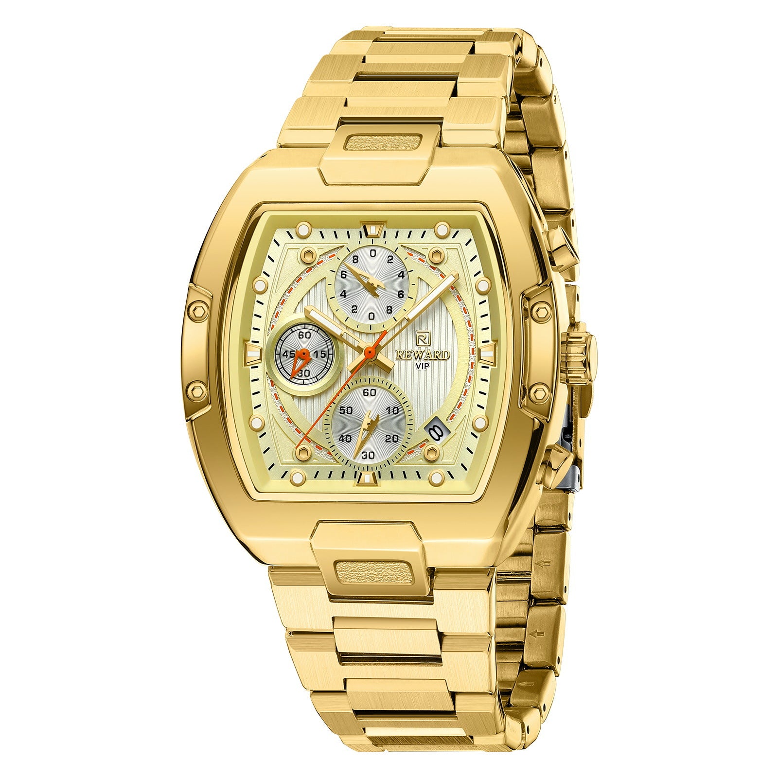Men's Quartz Watch With Barrel Shape Dial, Stainless Steel Strap, Double Side Snaps Buckle, And Tempered Glass Mirror