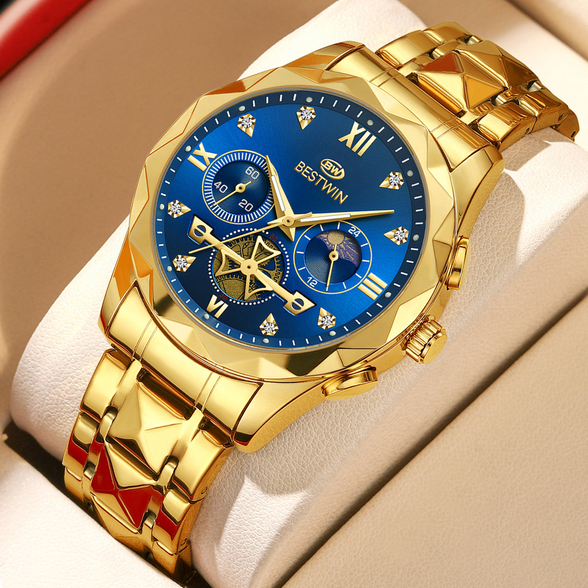Men's Quartz Watch With Stainless Steel Strap And Butterfly Double Snap Buckle, Round Dial Featuring Tempered Glass And Pointer Display