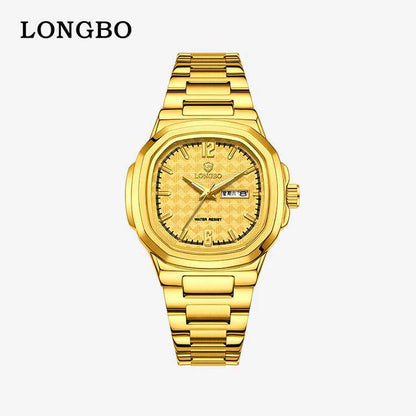 Men's Square Quartz Watch With Stainless Steel Strap And Tempered Glass Mirror Featuring Butterfly Double Snap Buckle