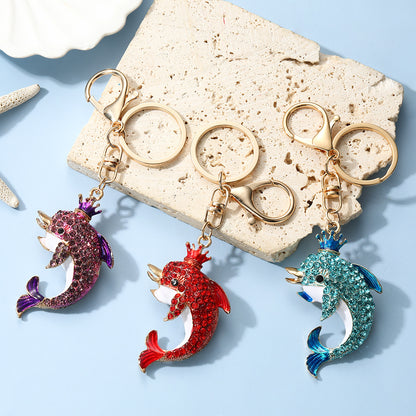 Dolphin New Year Blue Key Chain With Rhinestones In Zinc Alloy, Bag Charm Accessory