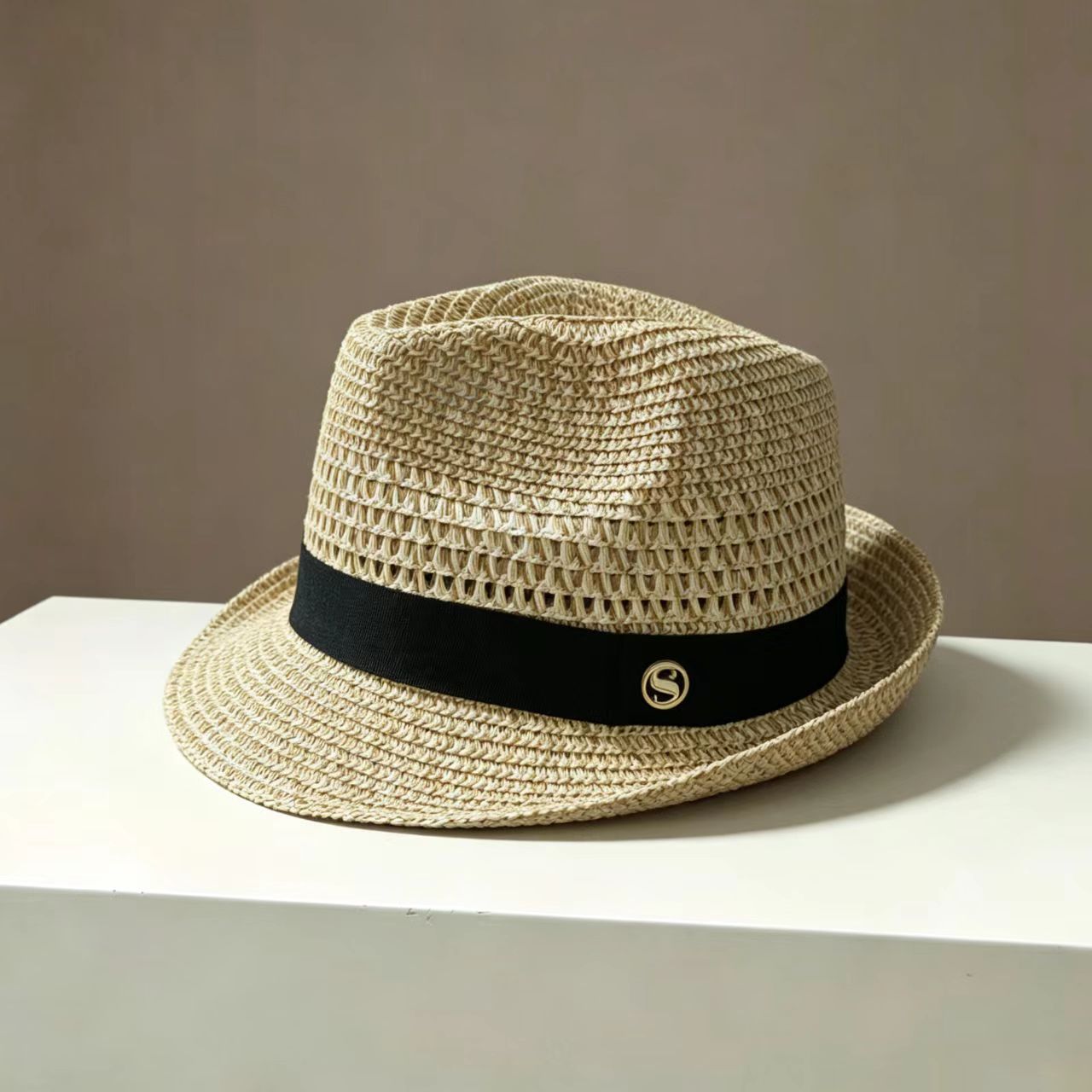 French Style Stripe Fedora Hat With Curved Brim, Breathable Straw Material Featuring Hollow Out Design For Adults
