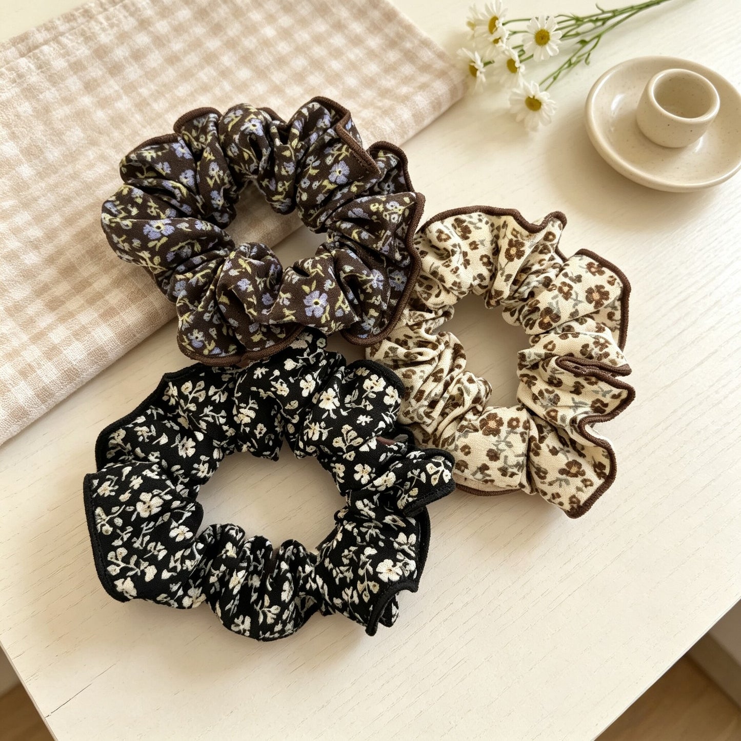 Ditsy Floral Scrunchie For Women In Dyed Black Cloth Hair Accessory