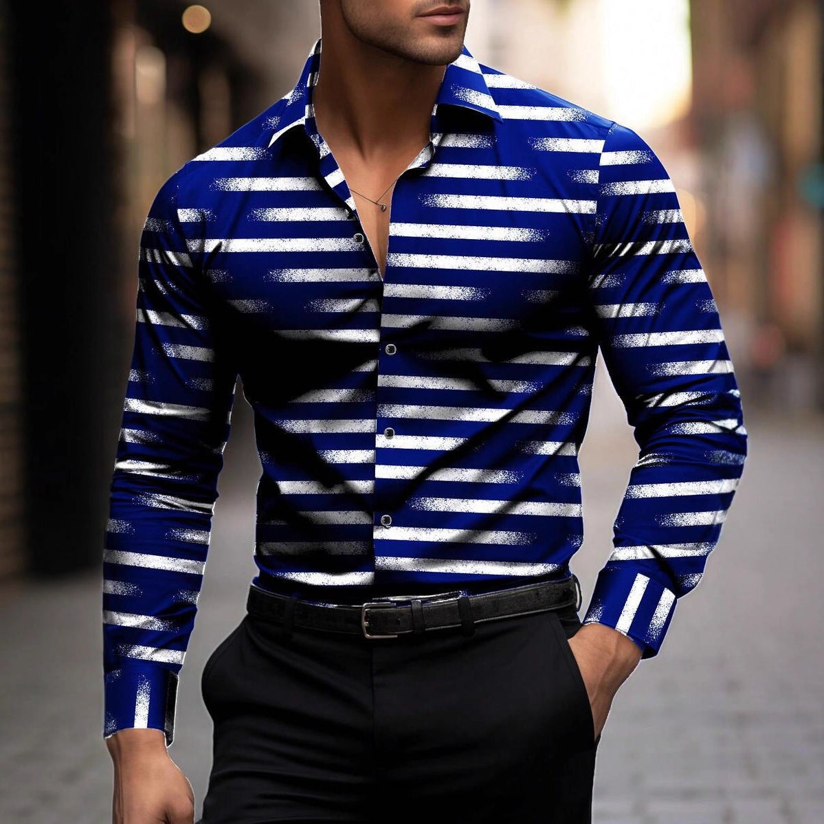 Casual Stripe Long Sleeve Men's Shirt In 4-Way Stretch Fabric With 3D Print And Placket