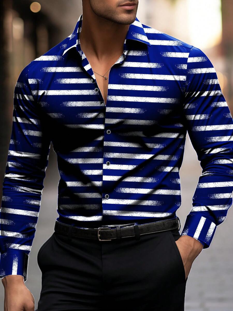 Casual Stripe Long Sleeve Men's Shirt In 4-Way Stretch Fabric With 3D Print And Placket