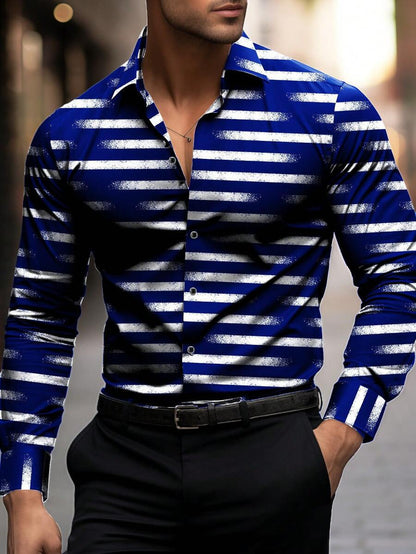 Casual Stripe Long Sleeve Men's Shirt In 4-Way Stretch Fabric With 3D Print And Placket