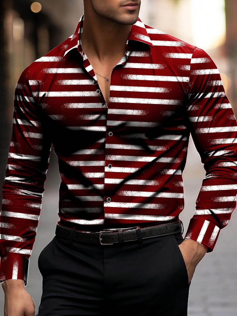 Casual Stripe Long Sleeve Men's Shirt In 4-Way Stretch Fabric With 3D Print And Placket