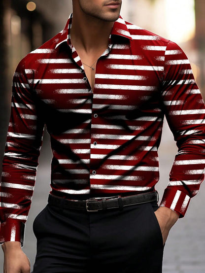 Casual Stripe Long Sleeve Men's Shirt In 4-Way Stretch Fabric With 3D Print And Placket